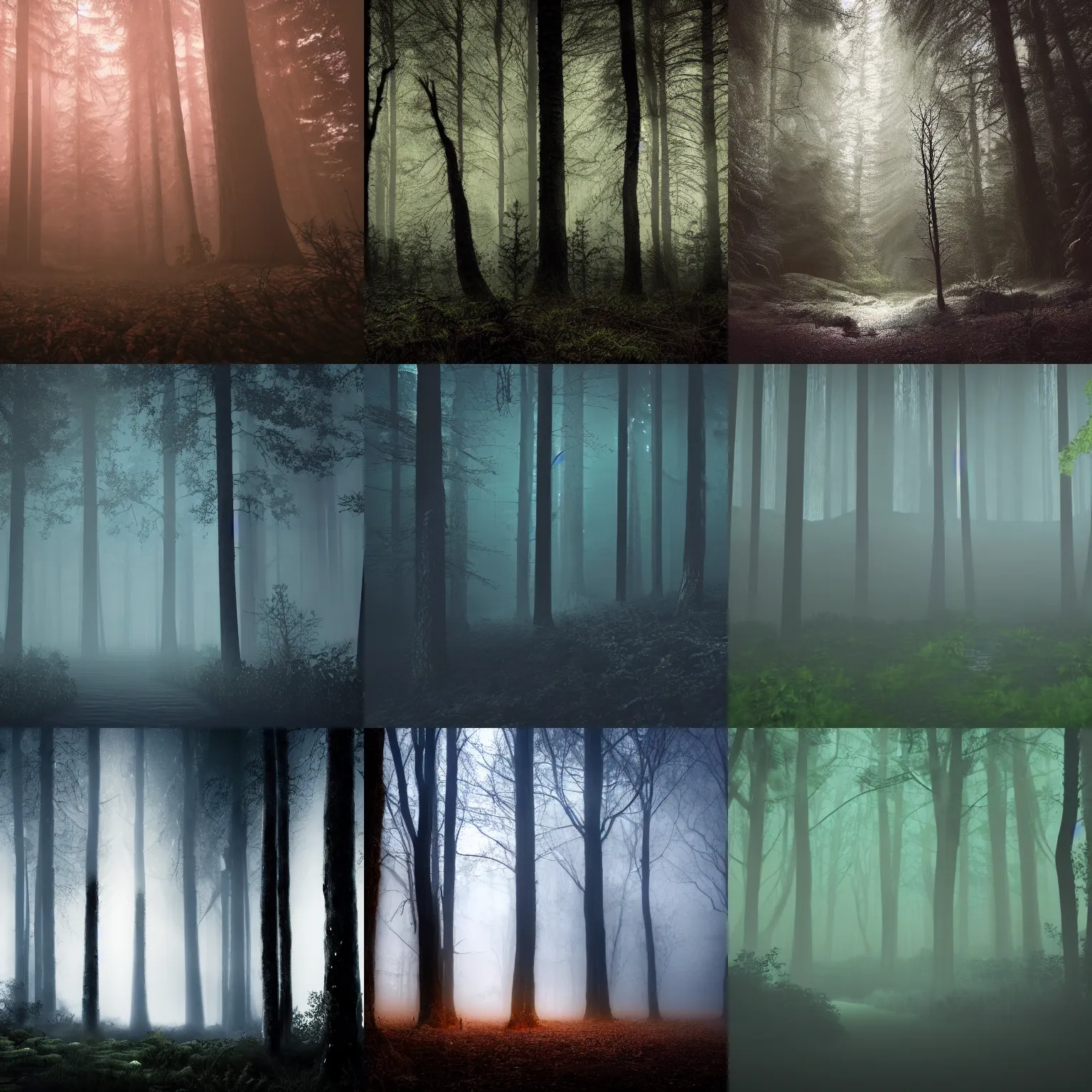 Prompt: a very dark dense forest at night, barely visible, fantasy style, 8 k