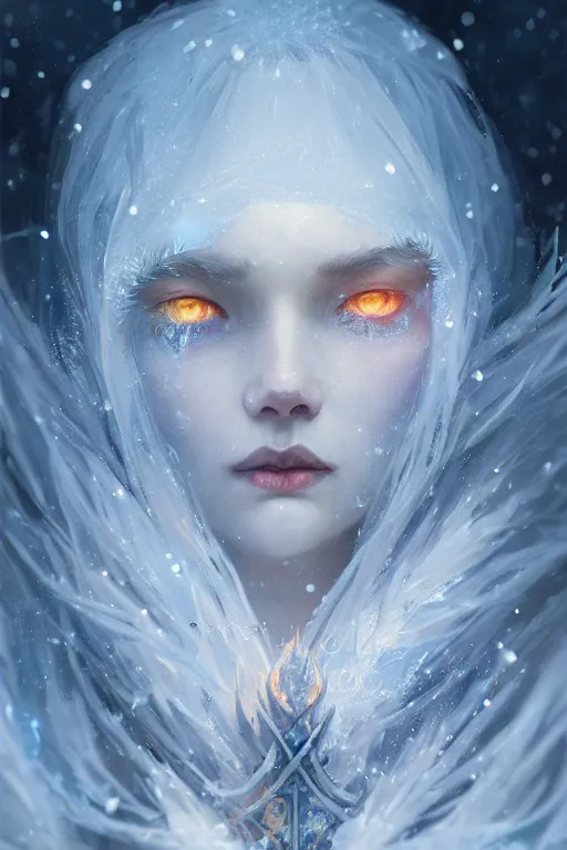 Prompt: beautiful ancient frost witch, eye fire, snow glow, snowfall, highly detailed, digital painting, artstation, sharp focus, illustration, art by tan zi and ayanamikodon and alphonse mucha and wlop