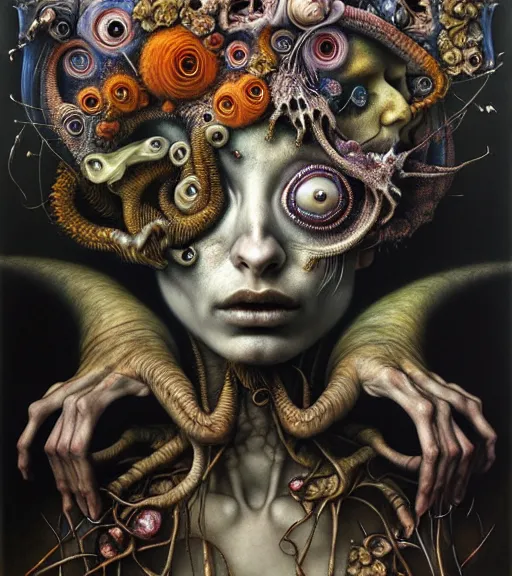 Image similar to portrait, stranger psycho by julie heffernan, glenn brown, naoto hattori, brian froud, nicola samori, paolo roversi, kilart, 8 k, hyper detailed.