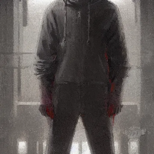 Image similar to concept art by greg rutkowski, a very tall and slender young man, dressed in patient clothes and an open sweatshirt, wandering through the desolate, futuristic, brutalist interior of a space colony, depressing atmosphere, low lighting, scifi, highly detailed portrait, digital painting, artstation, concept art, smooth, sharp foccus ilustration, artstation hq