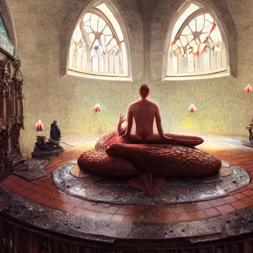 Prompt: patrick starfish meditates on the altar, hyperrealism, no blur, 4 k resolution, ultra detailed, style of ron cobb, adolf hiremy - hirschl, ismail inceoglu, rene margitte