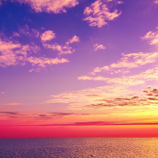 Prompt: dreamland blush colored sky with light feathery pink clouds on a reflective waveless flat open ocean reflecting the sky