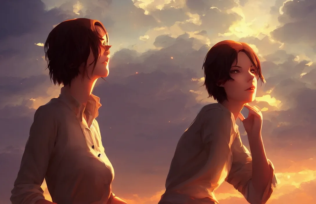 Image similar to a beautiful british woman with short brown hair, gentle, somber amber eyes, standing on a rooftop, storm in the distance, basic clothing, digital art by makoto shinkai ilya kuvshinov and wojtek fus, digital art, concept art,