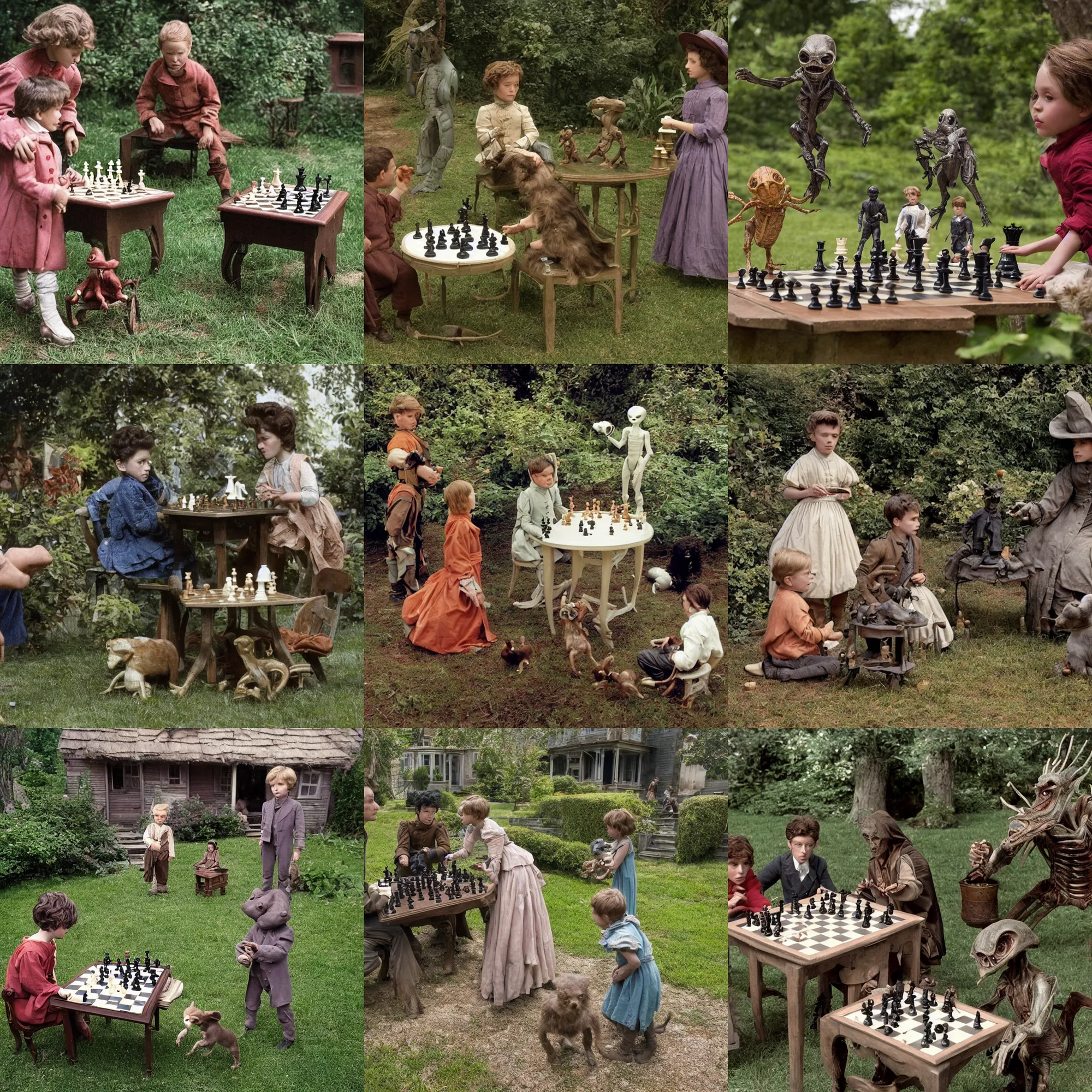 Prompt: sharp, highly detailed, 2048k film, 1715mm film still from a sci fi blockbuster color movie made in 2019, set in 1860, of a boy and a girl playing chess with their small pet humanoid alien creature, in the garden of a house on an alien planet, are all wearing 1860s era clothes, cinematic lighting, in focus, 350mm f/1.4L lens