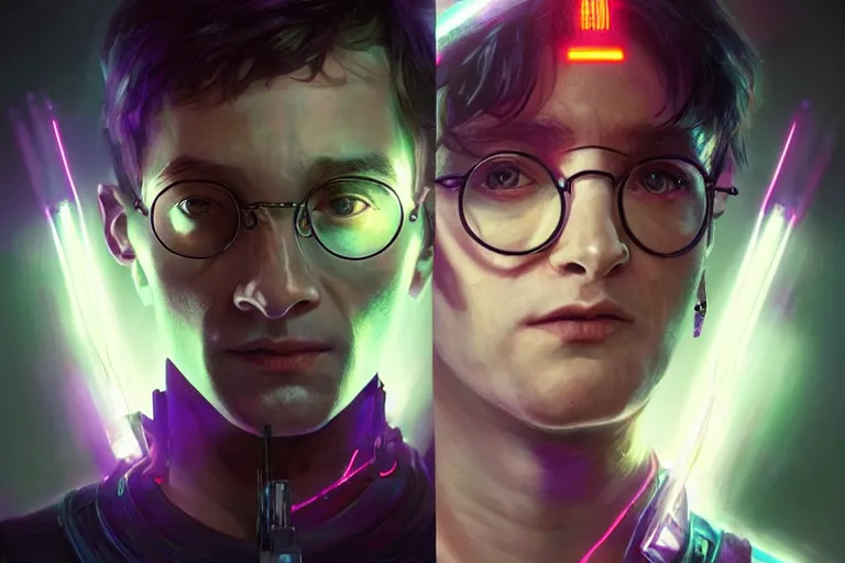 Image similar to portrait of cyborg Harry Potter in cyberpunk, neon lighting, portrait in center, digital art from artstation by Ruan Jia and Mandy Jurgens and Artgerm and william-adolphe bouguereau and Greg Rutkowski and Wayne Barlowe