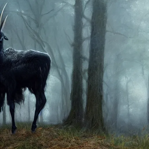 Prompt: thomas kincaid painting of black phillip, long horns, 1 0 legs. from the movie the witch. dynamic lighting, masterpiece painting, octane render, cinematic trending