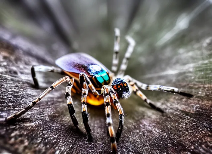 Image similar to super macro of a translucent crystal spider in the forest. Fantasy magic style. Highly detailed 8k. Intricate. Nikon d850 300mm. Award winning photography.