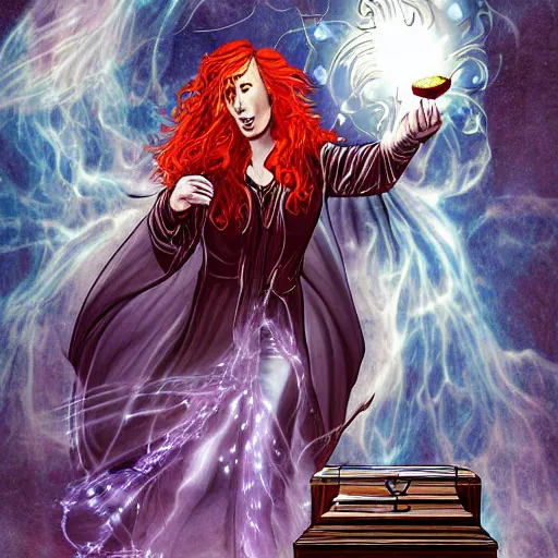 Prompt: The celestial warlock (who looks like Tori Amos) clumsily knocks a single red rose from the top of a funerary urn, releasing an angry wraith from inside the urn. The urn is on the floor, the rose is falling. Dramatic digital art illustration in comic book style by Simon Bisley