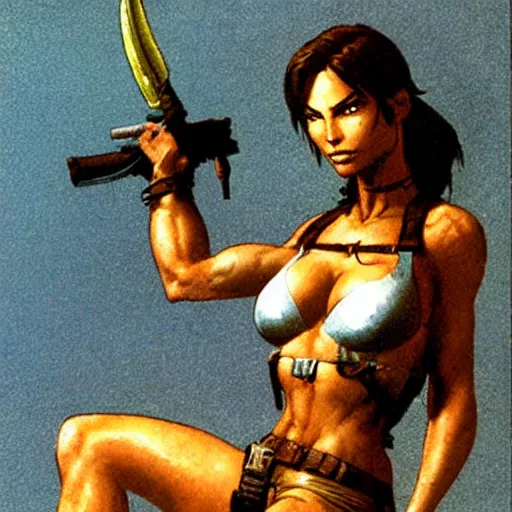 Prompt: lara croft by frank frazezetta