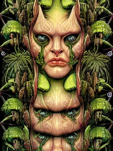 Image similar to The Hanging-Gardens of Pareidolia, ivy, verbena and pothos growing facial features and optical-illusions!!!!!, aesthetic, by Gerald Brom in the style of Johfra Bosschart in the style of,