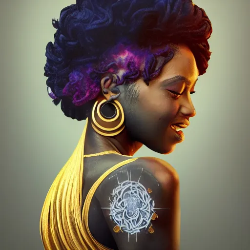 Prompt: black woman with gorgeous pastel balayage hairstyle face tattoos and gold teeth, as seen on artgerm, octane render, exploding nebulae in the style of alphonse mucha, ultra realistic, highly detailed, 8 k,