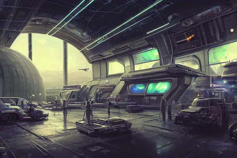 Image similar to Ultra realistic illustration, a run down battered spaceport in the outskirts of Tavlos city, a refuelling station filling up an old transporter waiting to take off, soft neon lights, fuelling cables on the floor, cyberpunk, sci-fi, fantasy, intricate, elegant, highly detailed, digital painting, artstation, concept art, smooth, sharp focus, illustration, dramatic lighting, art by Syd Mead and Giger