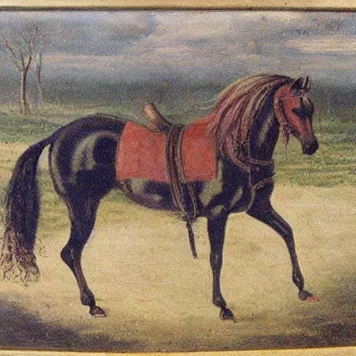 Image similar to panorama racławicka, old polish painting of a horse