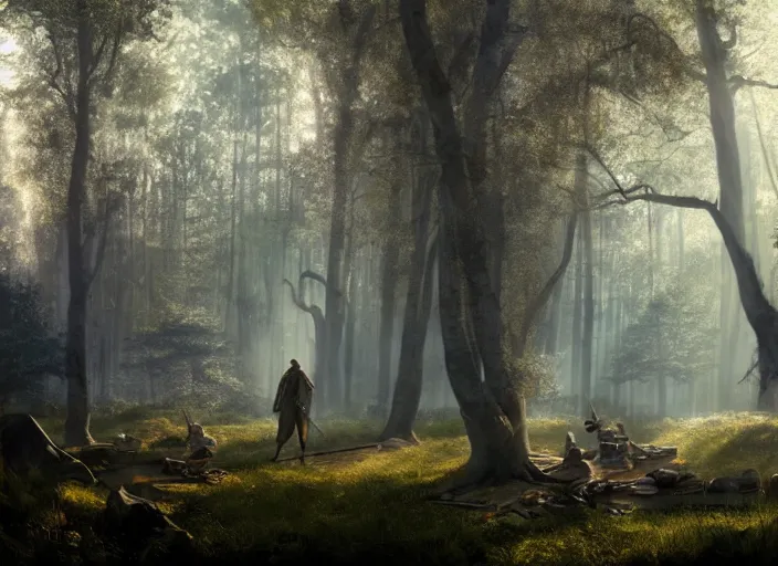 Prompt: atmospheric cinematic artwork of Robin Hood at his camp in Sherwood forest, dusk, sun rays through the trees by Greg Rutkowski, 4k, masterpiece