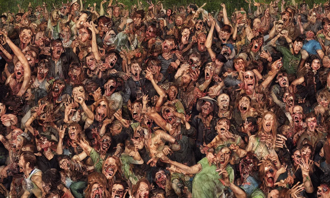 Image similar to a detailed digital art portait of undead backwoods rednecks in a mosh pit, art by norman rockwell, pixar style