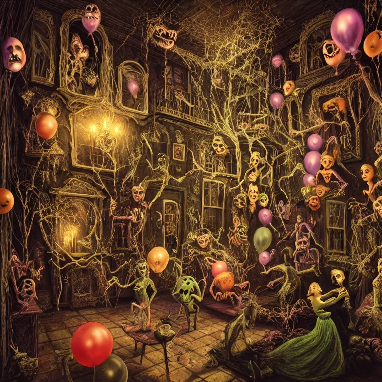 Prompt: New Year's Eve in a Haunted House, spooky party, colorful sexy atmosphere, surreal , happy guests, beautiful detailed intricate insanely detailed octane render by Charles Addams, 8K artistic photography, photorealistic, ghosts, balloons, MC Escher, Basil Gogos, Gustave Dore, Beksinski, Rudolph Belarski, Laurie Lipton