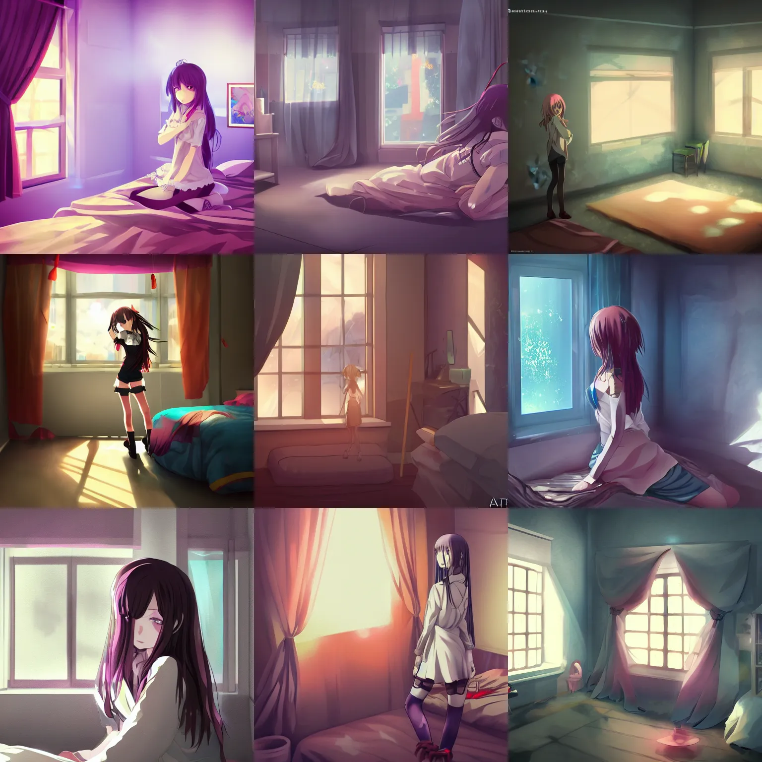 Prompt: anime background of a girl ’ s room, strong lighting, focus on window, medium shot, concept art, by artstation artist.