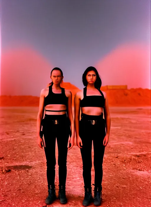 Image similar to photographic portrait shot on cinestill 5 0 d of two loving clones in front of a brutalist dark metal facility, techwear women on a desolate plain with a red sky, diverse, dust storm, 3 5 mm, 8 k, depth of field, high resolution, ultra realistic faces