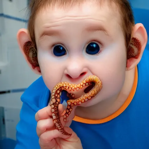 Image similar to beauty photograph of an adorable baby faced alien with tentacles on the sides of it's mouth, blue, tiny horns