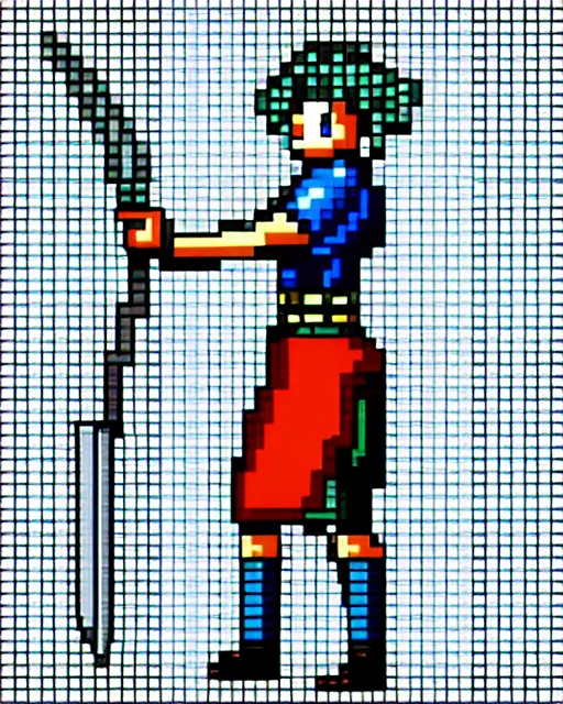 Prompt: a pixel single sprite of a girl holding a sword, pixel art, isometric 2 d game art, 1 6 bit, dynamic pose, # pixelart