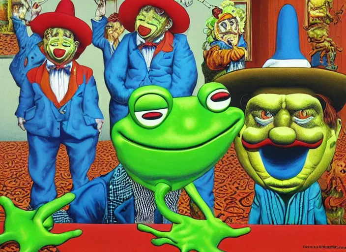 Image similar to The Clown Frog King welcomes you Clown World, painting by Robert Crumb, René Magritte and Ralph McQuarrie, high detail