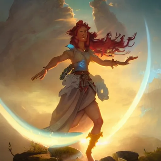 Prompt: a female fantasy halfling hobbit fistfighter, speaking to her glowing goddess of mist and light, detailed dynamic light painting by peter mohrbacher and albrecht anker