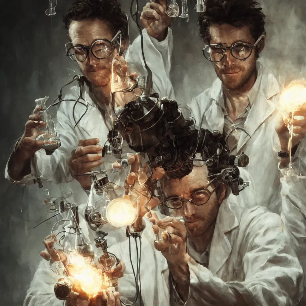 Prompt: close up of ryan gossling as a mad scientist wearing a lab coat, mixing potions in a rundown chemistry lab, by greg rutkowski and frank frazetta, intricate, artstation, cinematic, style of magic : the gathering