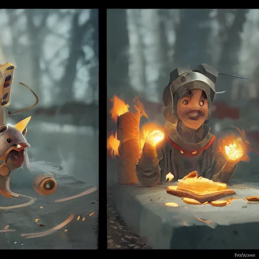 Prompt: portrait of a battle ready slice of toasted bread jumping out of the toaster, viking type pokemon, pixar style bread warrior, volumetric lighting, dynamic composition, art by sachin teng and sergey kolesov and ruan jia and heng z, fantasy, hyper detailed, ultra realistic, sharp focus, wildlife photography, national geographic, octane render, concept art