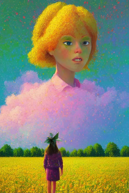 Image similar to girl with big flower as a face, standing in a flower field, big trees, sunrise dramatic light, impressionist painting, colorful clouds, digital painting, pointillism, artstation, simon stalenhag