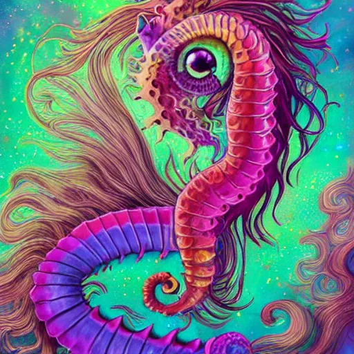Prompt: long haired androgynous cat seahorse fusion, weirdcore voidpunk fursona, autistic bisexual graphic designer, coherent detailed painterly character design turnaround, digital art by delphin enjolras, wlop, louis wain, lisa frank, furaffinity, cgsociety, trending on deviantart