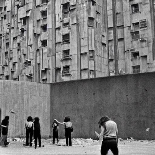 Image similar to brutalist buildings, rundown buildings, orwellian dystopia, totalitarian murals on building walls, hooligans with shaggy hair and blue suits, 1 9 7 1 cinematic, 8 mm photo lens, kodak