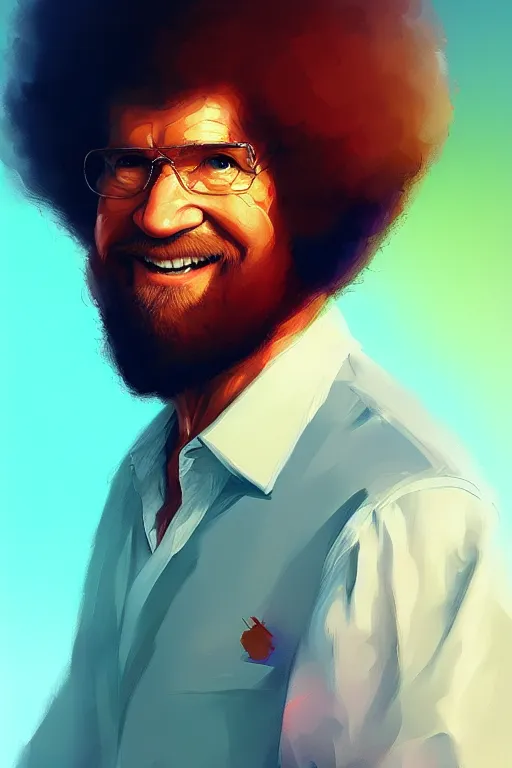 Prompt: portrait of Bob Ross, modern, colourful!! highly detailed, digital painting, artstation, concept art, sharp focus, illustration, by greg rutkowski