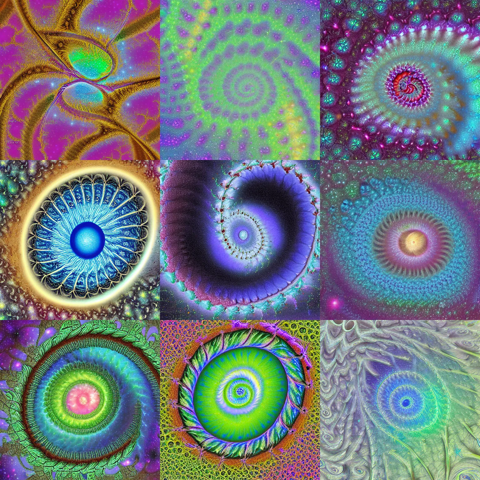 Prompt: biological fractal pastel colored electron micrograph alex gray spiral galaxy painting 8 k concept art