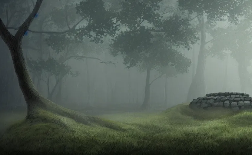 Image similar to kofun, pine forest, rain, fog, megalithic structure, highly detailed, digital painting, architecture, artstation, concept art, sharp focus, illustration