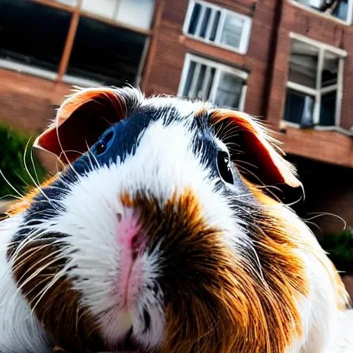 Image similar to a guinea pig selfie in front of a burning building