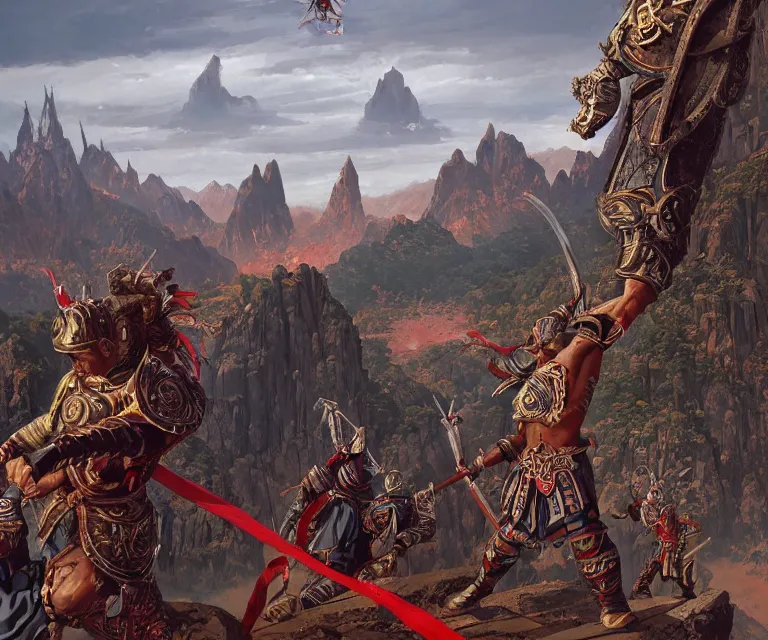 Image similar to wide angle shot from above of silver ornate armor slim muay thai handsome warriors in battle!!! mountains and giant gothic abbeys in the background, fine detail, 8 k, high contrast color scheme, blue at the background red at the foreground!!!, dynamic perspective, painted movie poster by greg rutkowski and peter mohrbacher