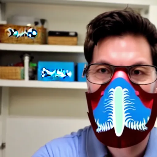 Image similar to photo still from a vlog, a scientist wearing a velociraptor mask, complaining about his samsung refrigerator