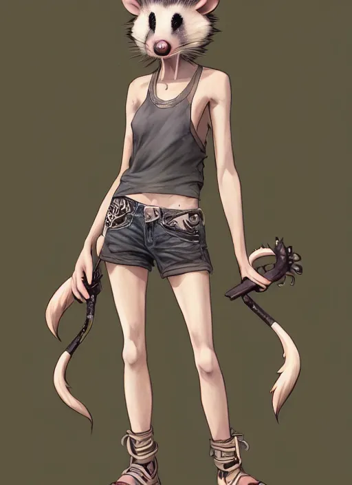 Prompt: character portrait of a female anthro opossum fursona wearing a tanktop and shorts with arm tattoos. Character design by charlie bowater, ross tran, artgerm, and makoto shinkai, detailed, inked, western comic book art