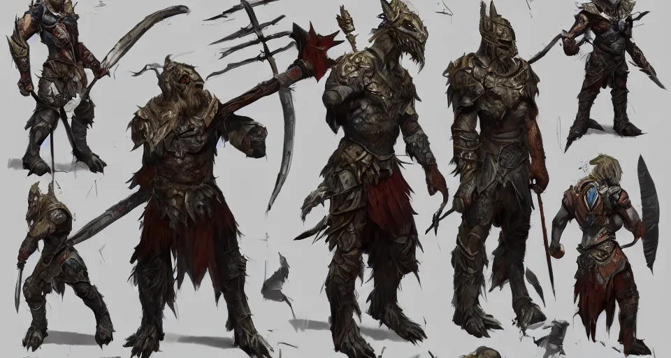 Image similar to concept art of a wounded DnD dragonborn barbarian with a lot of battlescars and wielding a turquoise lightning spear, character design, concept art, render, fullbody shot turnaround, trending on artstation