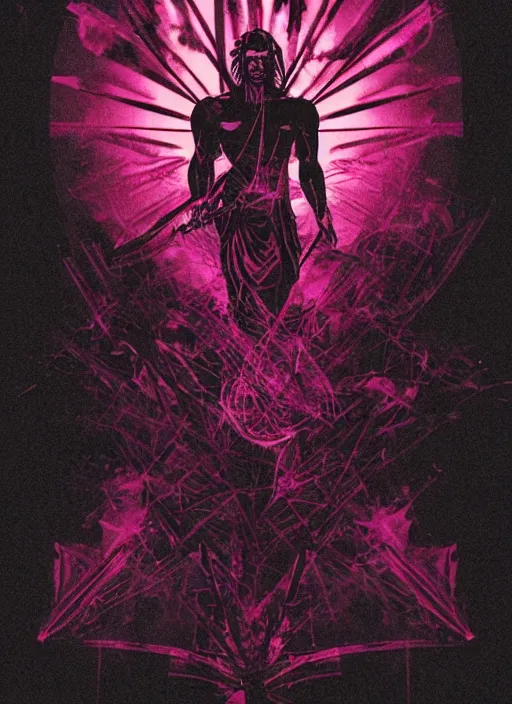 Prompt: elegant dark design poster showing a heroic statue of achilles, black background with very subtle red and purple design elements, bold, powerful, nekro, vito acconci, thin straight purple lines, dark, glitch art, neo vaporwave, gritty, layout frame, square, trending on artstation