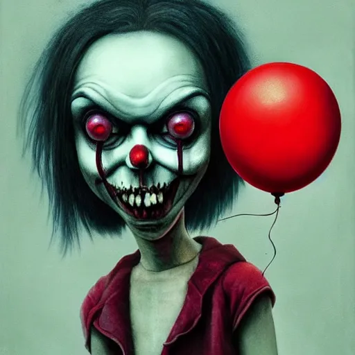 Image similar to grunge painting of a billie eilish with a wide smile and a red balloon by Zdzisław Beksiński, loony toons style, pennywise style, corpse bride style, rick and morty style, creepy lighting, horror theme, detailed, elegant, intricate, conceptual, volumetric light