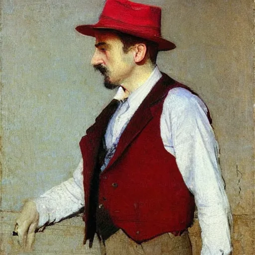 Prompt: white shirt, red vest, and white derby hat, by thomas eakins