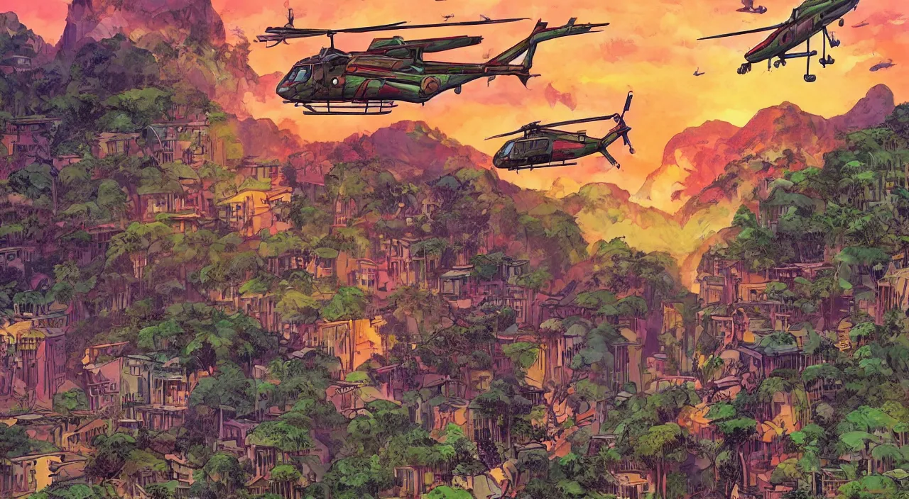 Prompt: helicopters flying low over jungle mountains sunset sky rice patties beautiful artstation 4 k breathtaking graphic novel concept art illustration cartoon by jack kirby