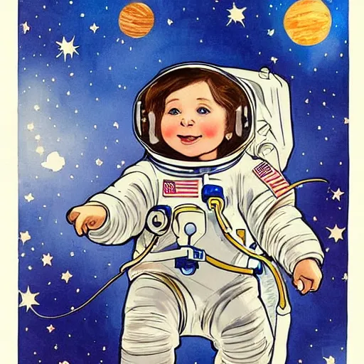 Prompt: a cute little girl with a round cherubic face, blue eyes, and short wavy light brown hair smiles as she floats in space with stars all around her. she is an astronaut, wearing a space suit. beautiful painting with highly detailed face by quentin blake and alphonse mucha