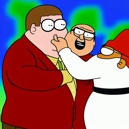 Prompt: peter griffin kissing osama bin laden, detailed faces, highly detailed, family guy style