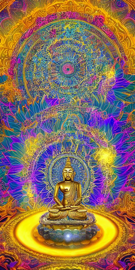 Prompt: rainbowcore, golden buddha glowing, surrounded by lotus, with the sun shining with the moon, with detailed mandala filled with fractals, bioluminescence, glowing runes, de-noise, symmetrical composition, high detailed, ornate border, 8k, vray,