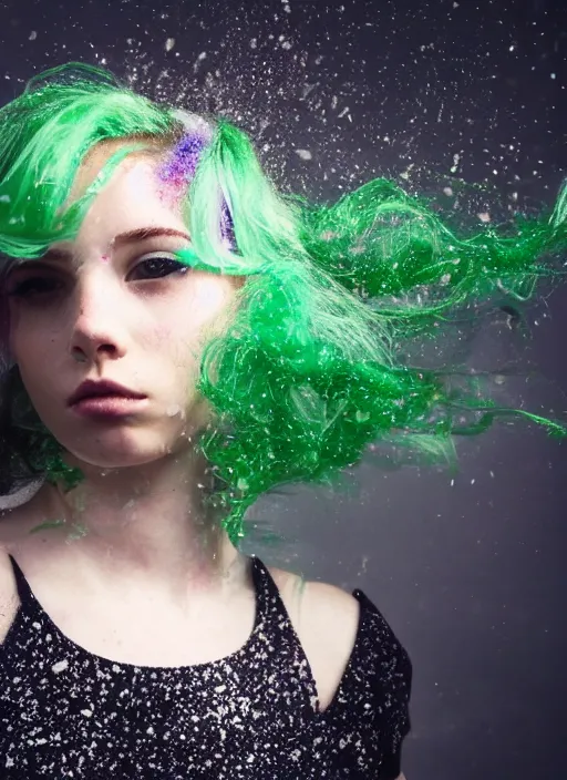 Image similar to a dramatic lighting photo of a beautiful young woman with cotton candy hair. confetti splashes. moody, melanchonic. with a little bit of green and black