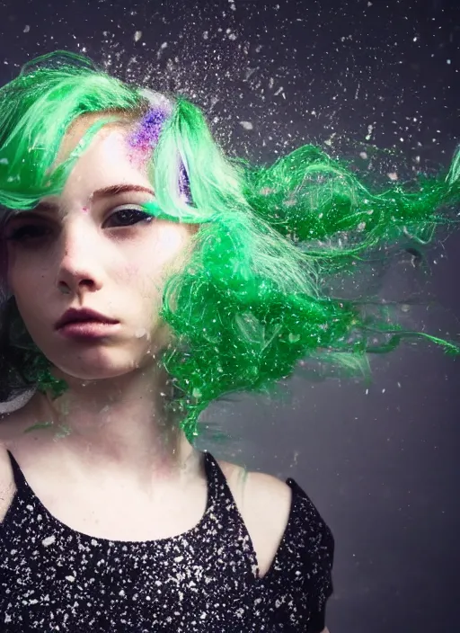 Prompt: a dramatic lighting photo of a beautiful young woman with cotton candy hair. confetti splashes. moody, melanchonic. with a little bit of green and black