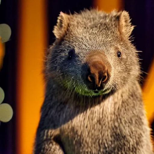 Prompt: a wombat singing at a karaoke, photo