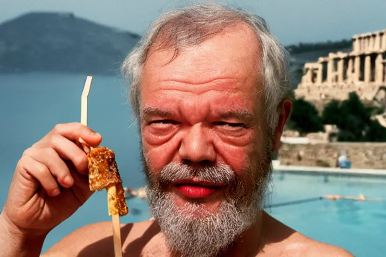 Image similar to A Martin Parr closeup portrait of Socrates eating a hemlock popsicle at the last pool party he will ever attend, a large cloud of fire engulfs him, the acropolis can be seen in the background, in the style of Martin Parr The Last Resort, ring flash closeup photograph